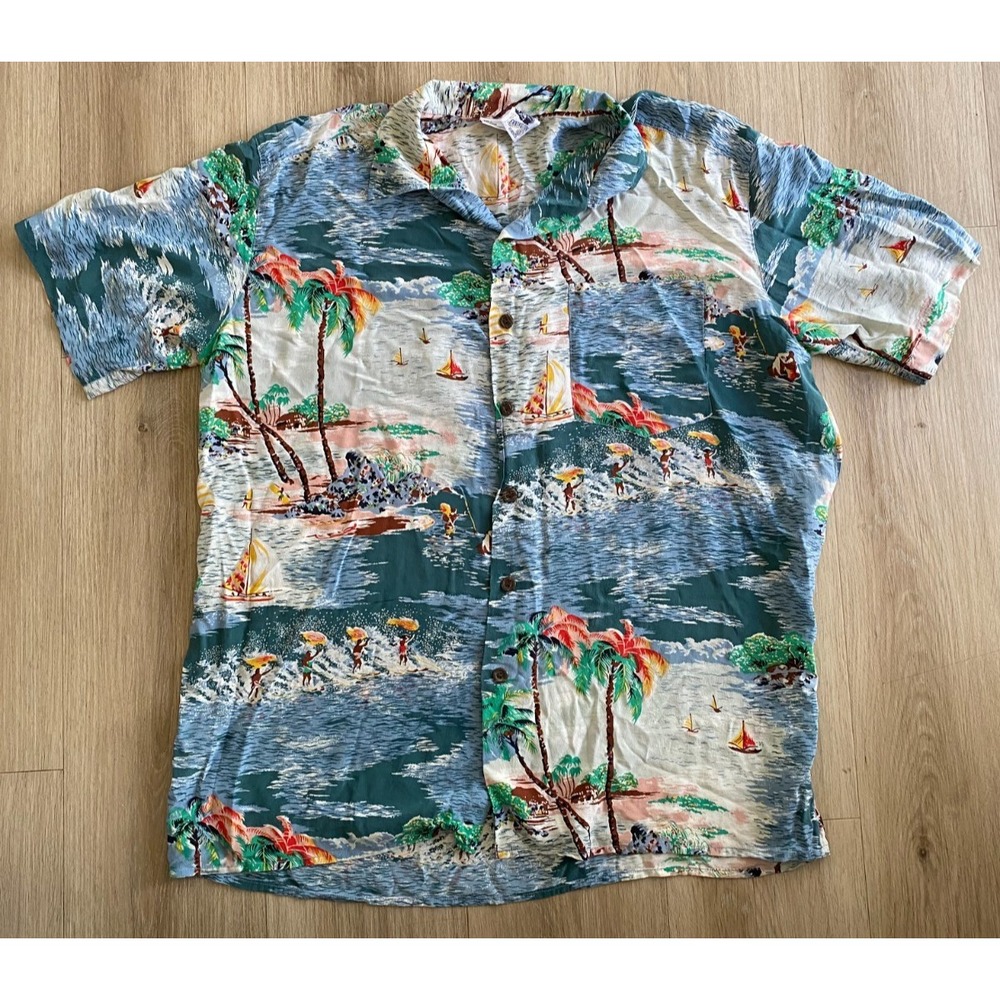 Covington Classics Men’s L 100% Silk Hawaiian Aloha Shirt Tropical Sailboat
